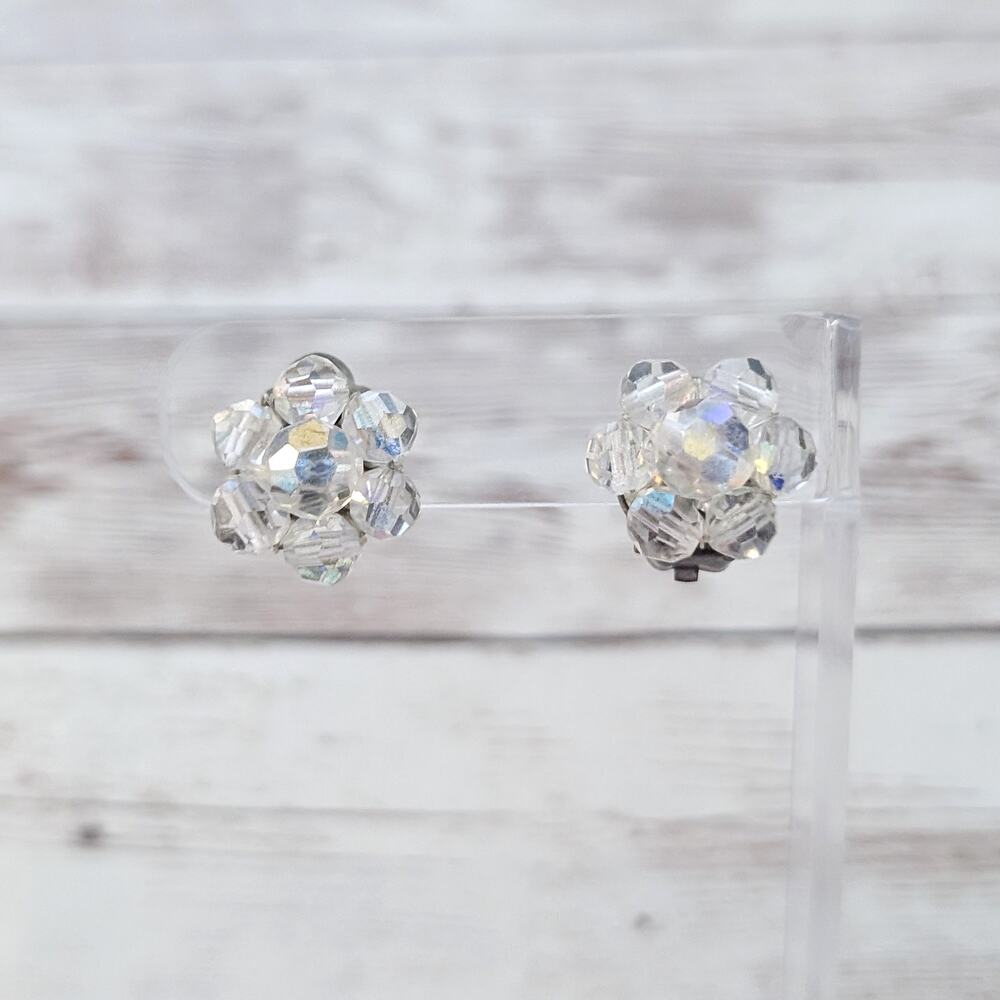 Vintage Clip On Earrings Beaded Cluster Clear with Iridescent Finish
